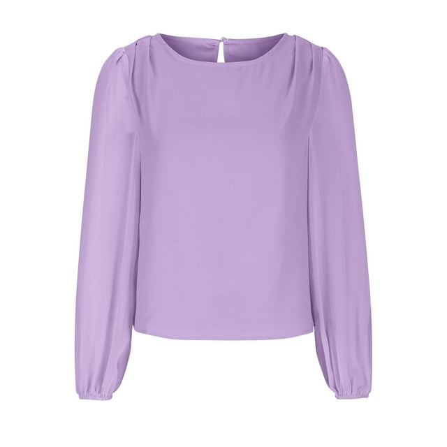 Timegard Womens Tops Chiffon Puff Long Sleeve Crewneck Ruched Back Button Tee Shirts Casual Loose Tops