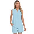 thumbnail image 4 of Stichou Women's Two Piece Sets Linen 2026 Summer Sleeveless V Neck Pleated Shorts Set Matching Sets Women Clothing Light Blue 2XL, 4 of 6