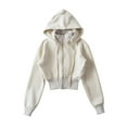thumbnail image 3 of Women's Zip Up Hoodies Long Sleeve Crop Tops Solid Color Casual Drawstring Hooded Sweatshirt Jackets with Pockets Fall Clothes Beige L, 3 of 8