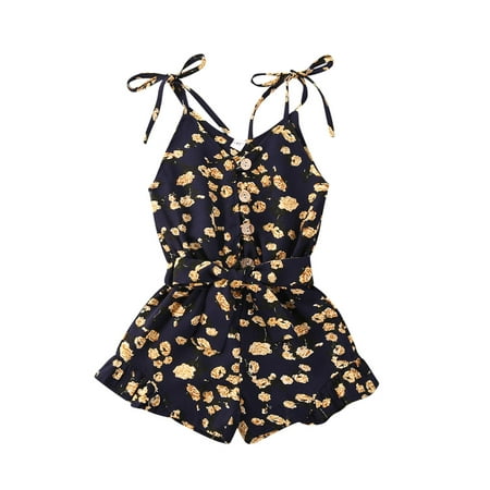 

SAYOO Baby Summer Fresh Clothing Floral Printed Tied Spaghetti Straps V-Neck Button Open Jumpsuits for Toddlers Little Girls