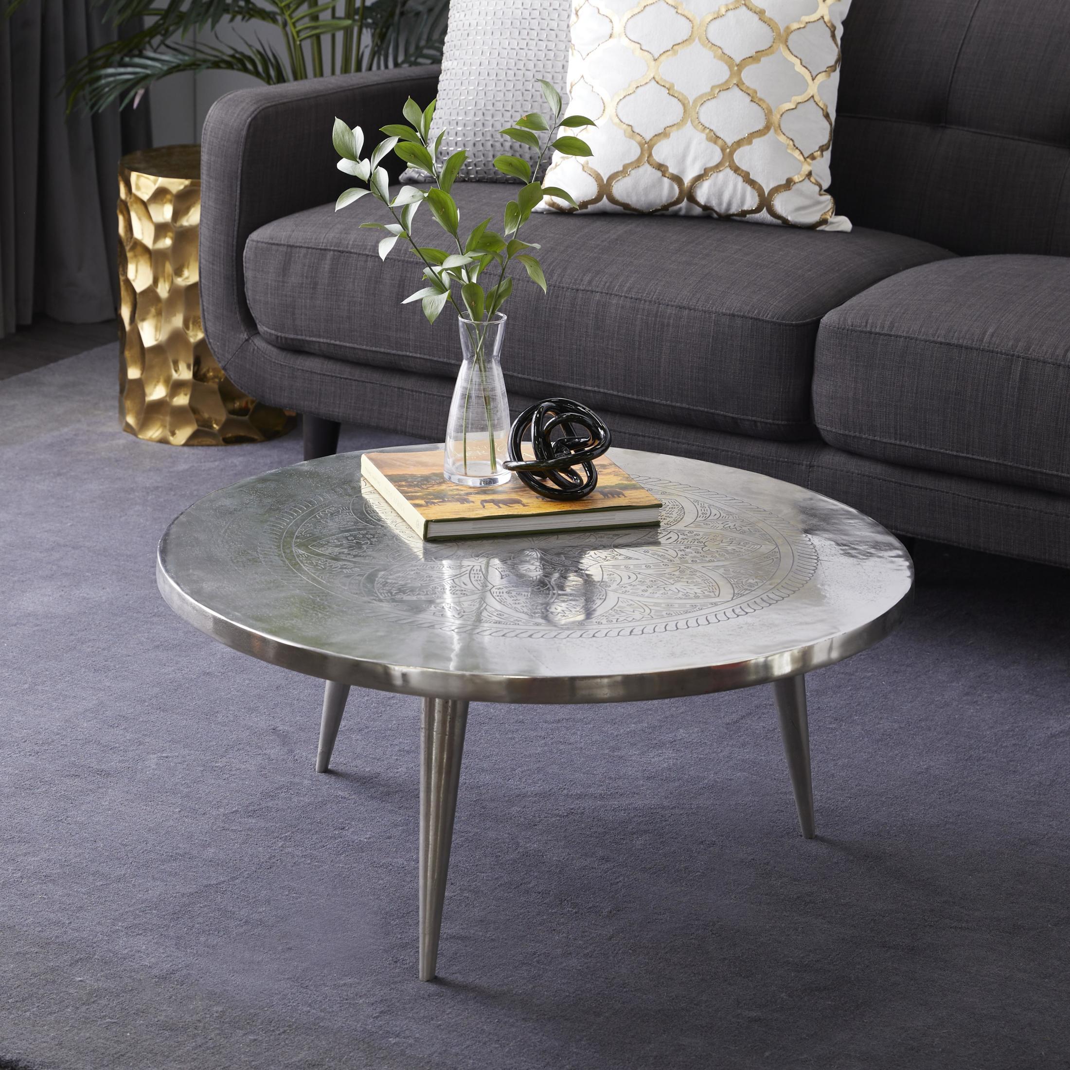 DecMode Traditional Aluminum Round Coffee Table with Etched Lotus Embled Design and Polished Silver Finish, 35"W x 16"H