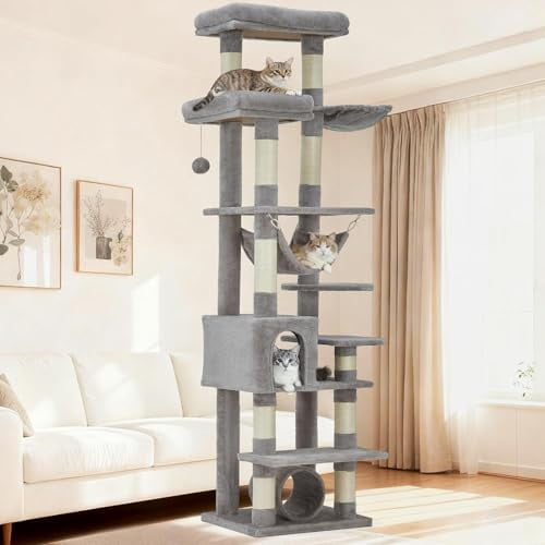 Light‑Gray 74‑Inch Multi‑Level Large Cat Tree Tower, Spacious Condos, Soft Hammock, Basket Perch and Durable Scratching Posts for Big Cats