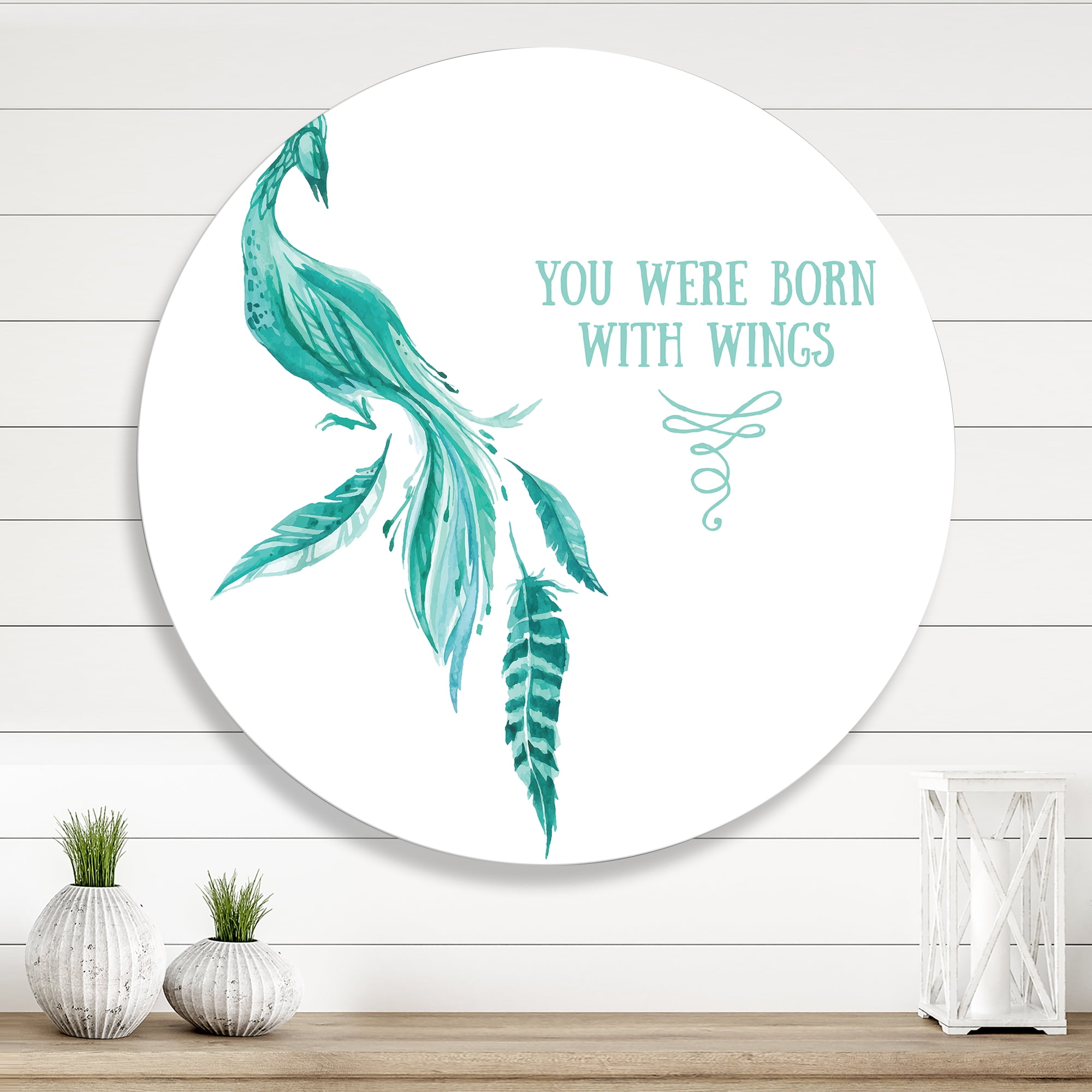 Designart 'Turquoise Bird You Were Born With Wings' Traditional Circle Metal Wall Art 23x23 - Disc of 23