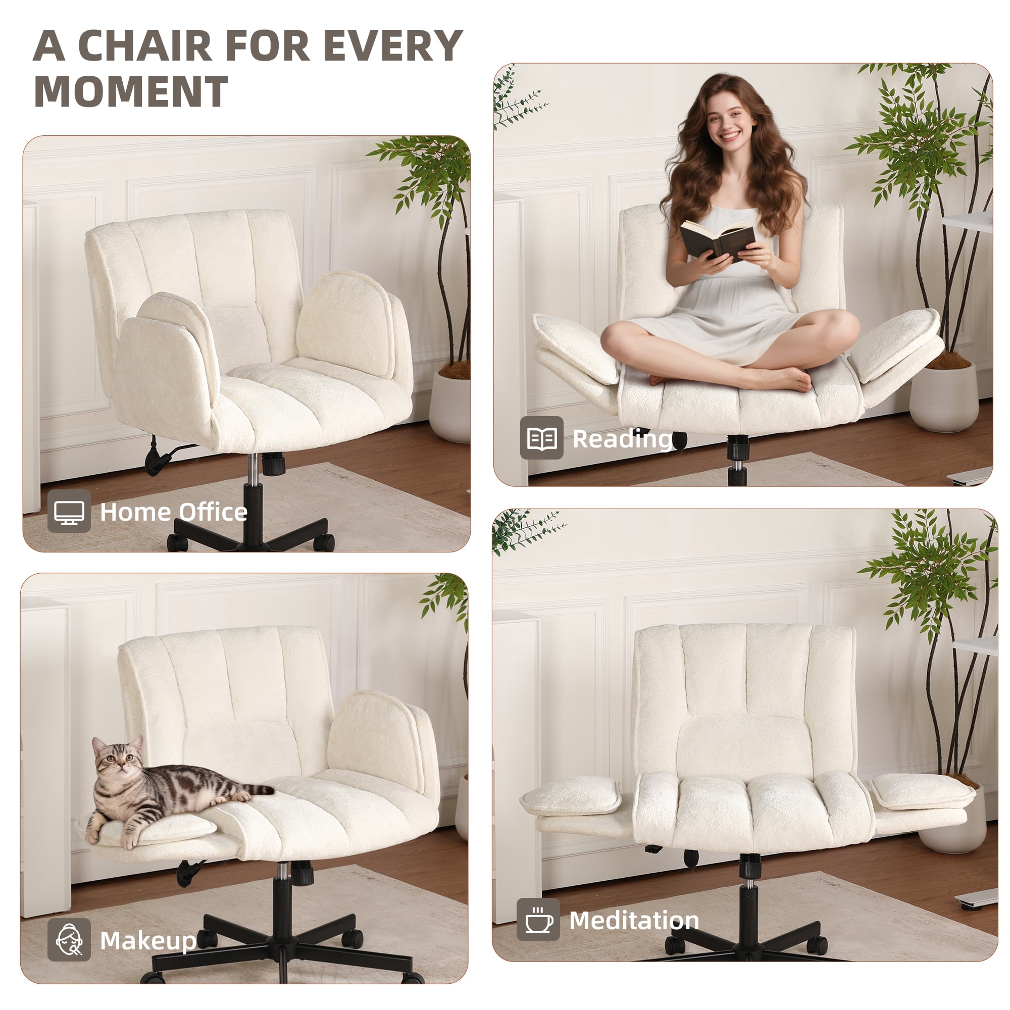 Cross Legged Office Chair with Wheels & Dynamic Airbag Lumbar Support, Criss Cross Wide Seat, 5-Position Fold-Down Armrests, Swivel Vanity Chair for Home Office, Beige