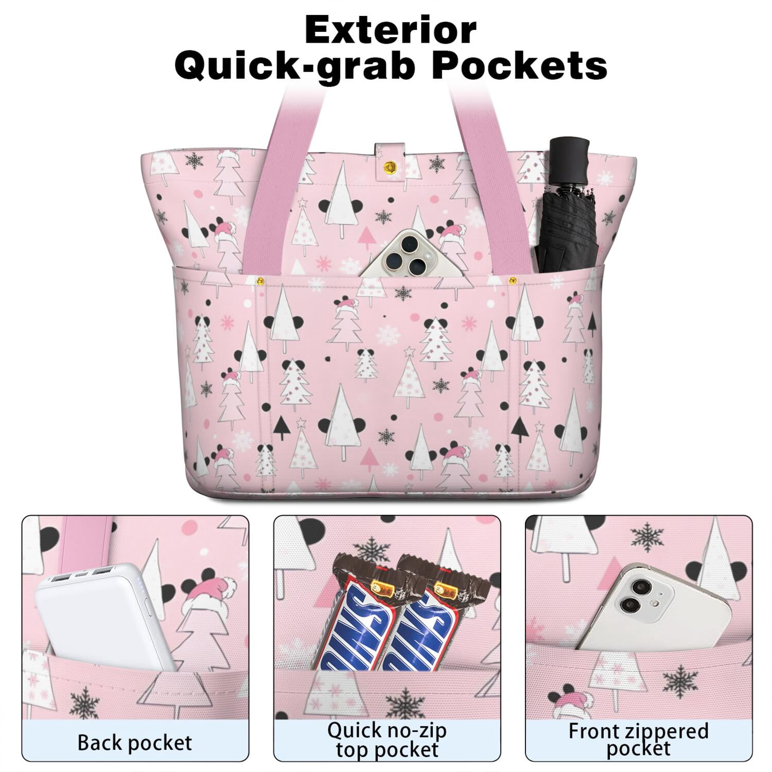 Tote Bag for Women - Pink Christmas Tree Pattern Shoulder Bag - Large Utility Work Duffle Bag with Zipper Handbag for Travel, Work, Sprots