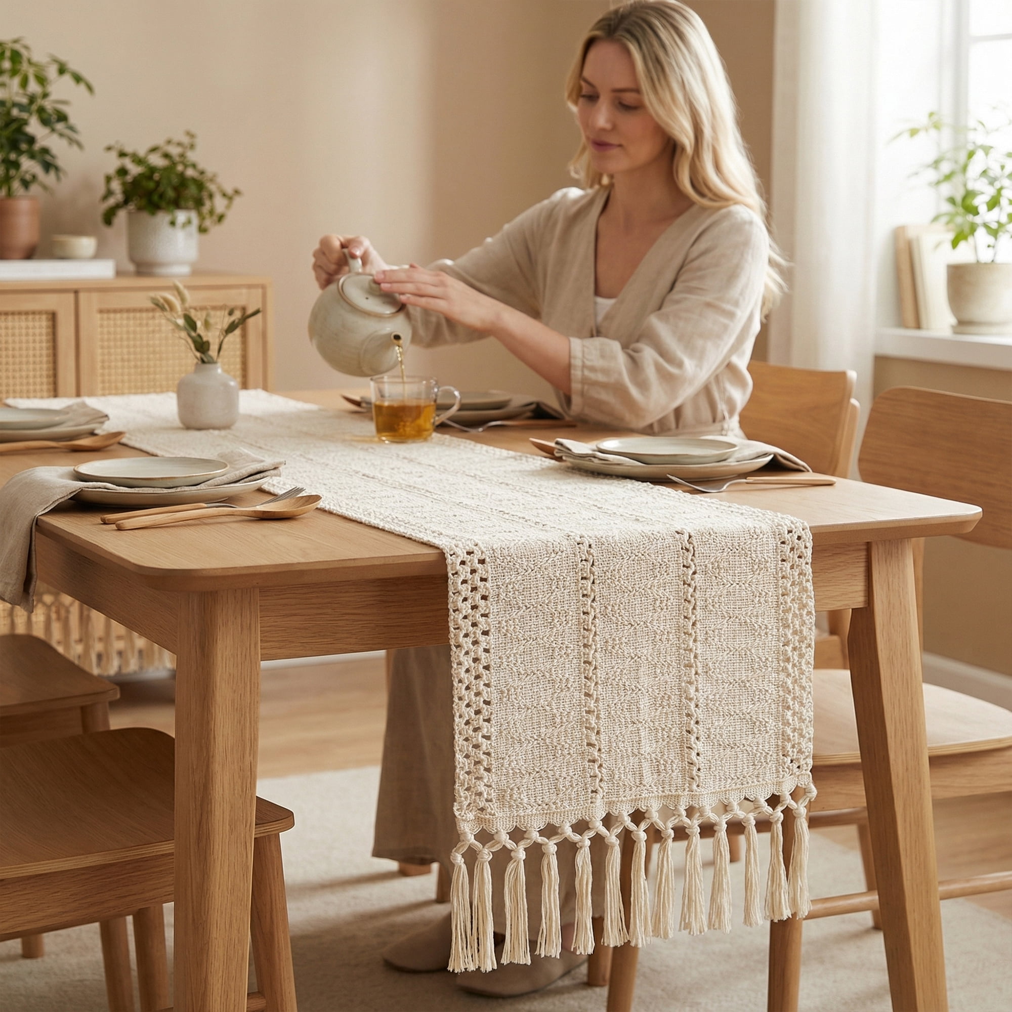 Unique Bargains Kitchen Decor Table Runner with Tassel Three hollowed 11.8x78.7in