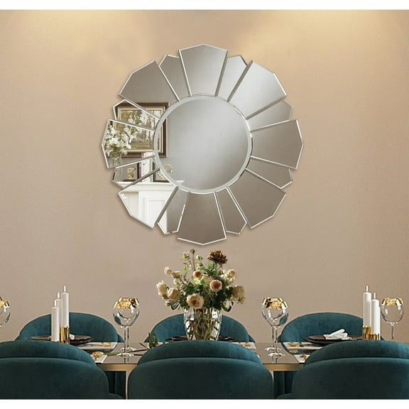 Inspired Home Modern Adrienne Large Round Accent Wall Mirror - 32.7”x32.7”, Frameless Flower Shape Bathroom