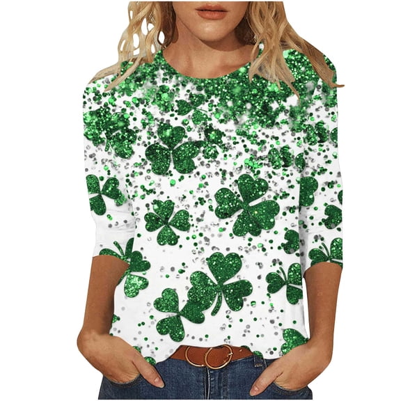 Happy St. Patrick Day Shirt for Women Casual Crew Neck 3/4 Length Sleeve T-Shirt Shamrock Graphic Pullover Tops