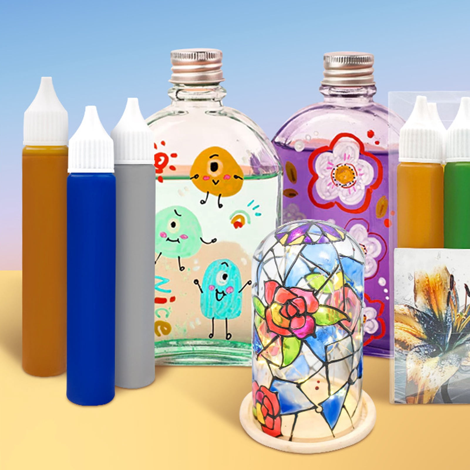 BAELLERT 12Pcs Pigment Transparent Glass Painting Set Waterproof Bright Colored Easy to Use Adhesive Glass Painting Kit
