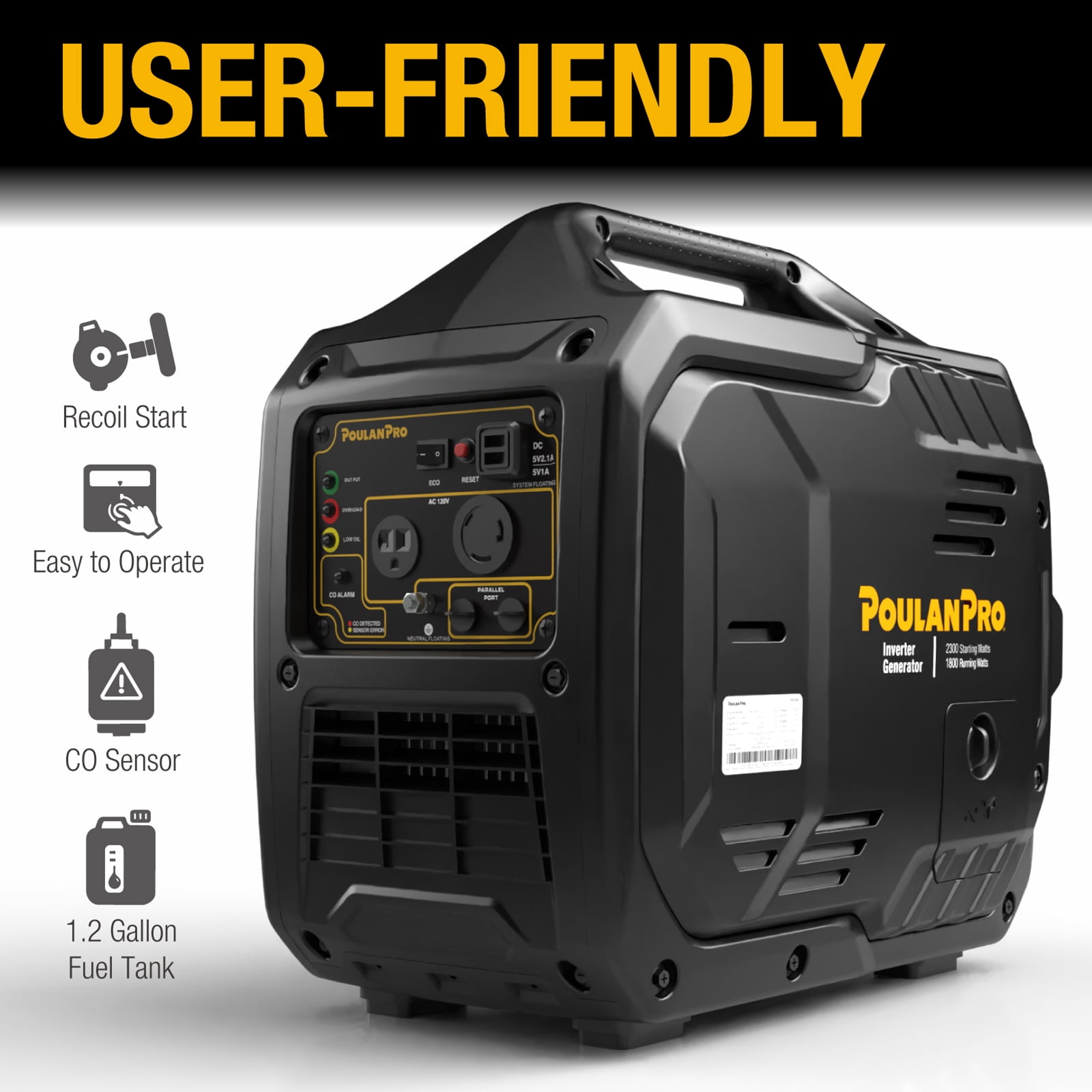 Poulan Pro 2300W Portable Inverter Generator Quiet Gas Powered Generator for Home Backup Camping & RV with USB Ports ECO Mode Parallel Ready CO Sensor EPA Compliant