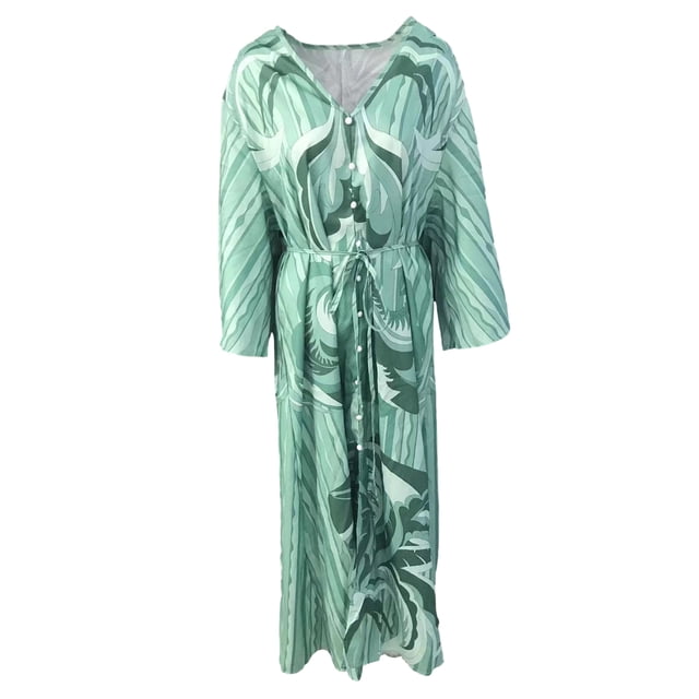 xiaxaixu Robe Décontractée pour Femmes, Imprimé Floral d'Été, Coupe Ample, Col en V, Boutons, Fente Haute, Longue Robe de Plage
