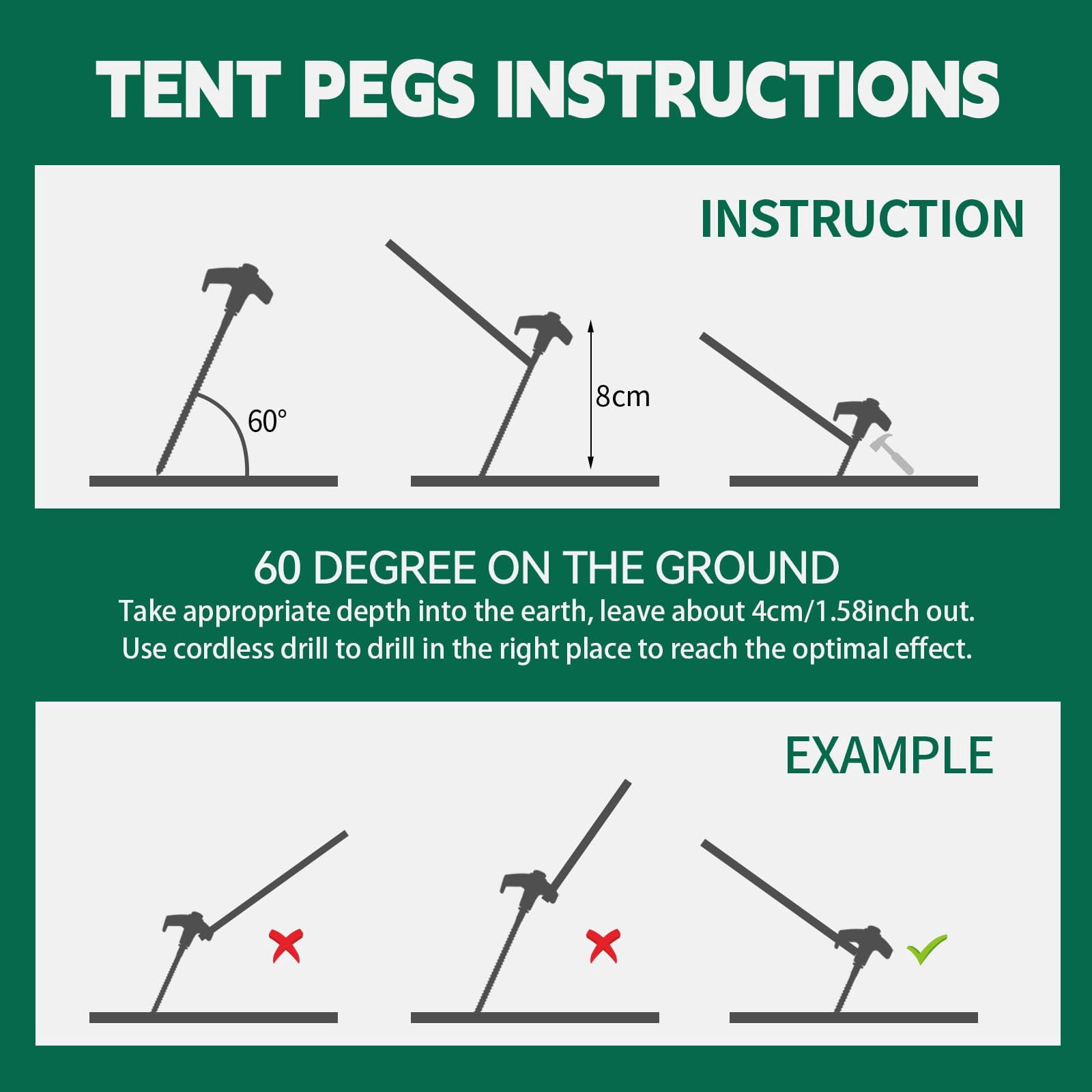 12 Pack 8" Screw in Tent Stakes with Hex Heads – Heavy Duty Stainless Steel Tent Pegs Ground Anchors with Drill Socket for Camping