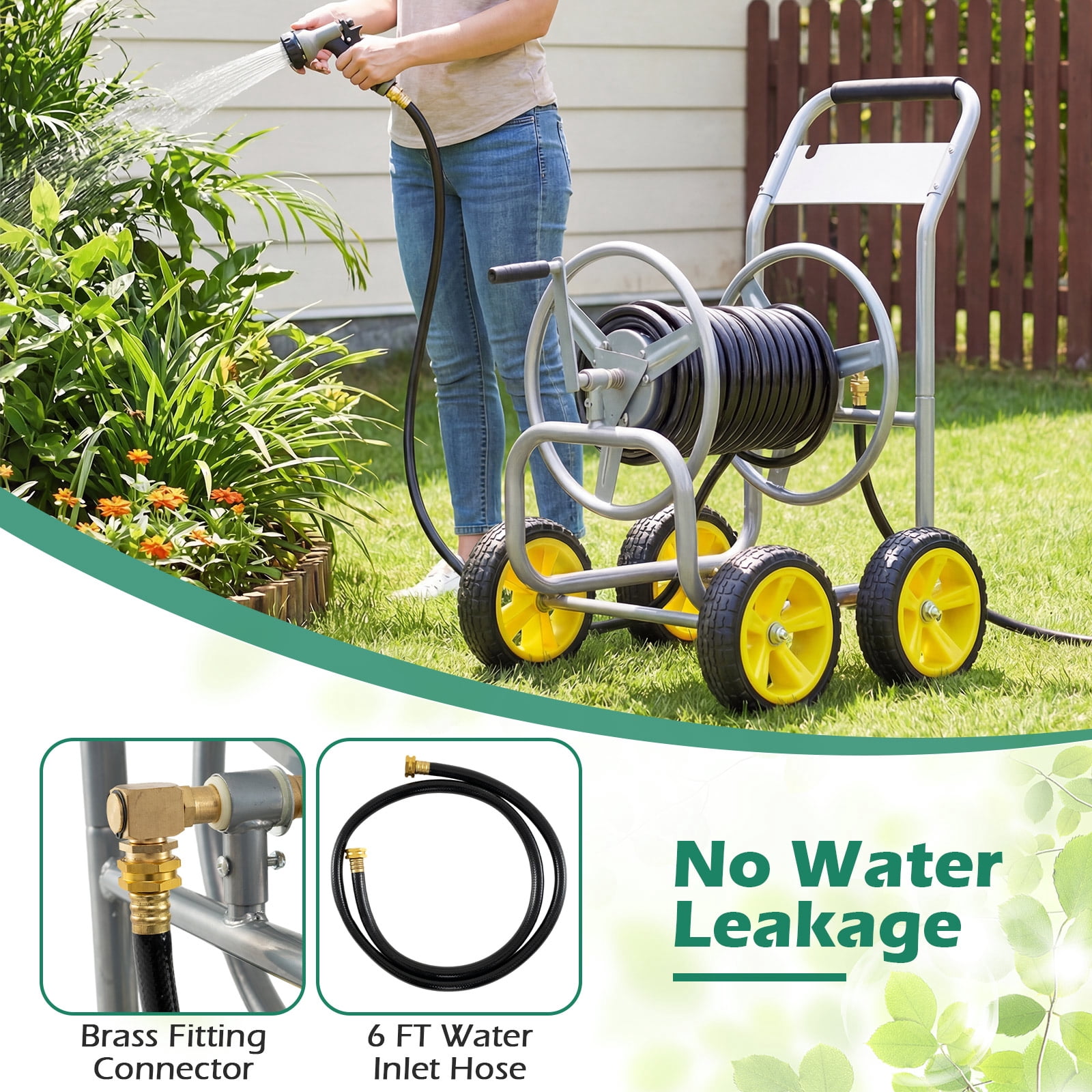 Costway Garden Hose Reel Cart 4 Wheels, 330 ft 5/8” Large Capacity for Outside Yard Lawn Silver