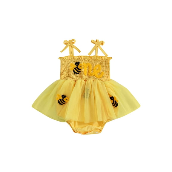 BemeyourBBs Girl Birthday Romper Dress Bee Letter Embroidery Sleeveless Jumpsuit