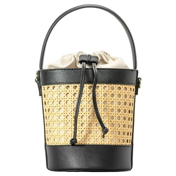 Rattan Bag PU Leather Straw Beach Bag Summer Hollow Shoulder Bag Holiday Travel Handbag for Women Black Walmart