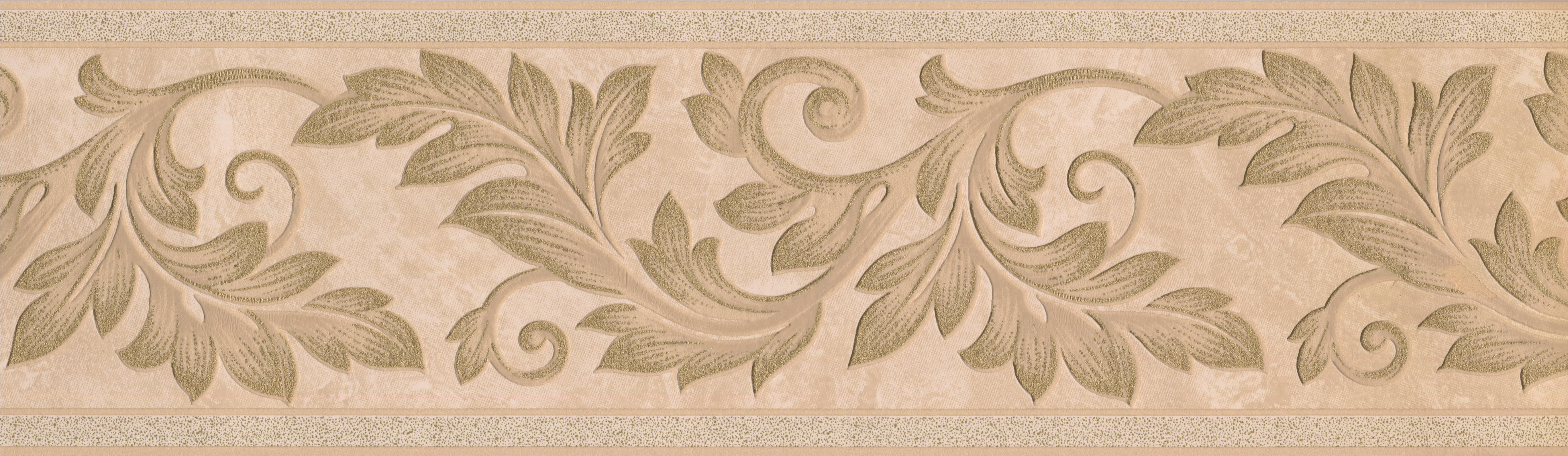 Green Vine Brown Beige Damask Wallpaper Border Retro Design, Roll 15' x