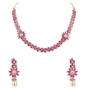 Ratnavali Jewels Women's Necklace Cubic Zirconia Red White Pearl Jewellery Earrings Set for Brides and Weddings