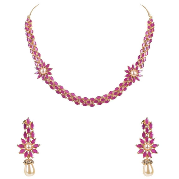 Ratnavali Jewels Women's Necklace Cubic Zirconia Red White Pearl Jewellery Earrings Set for Brides and Weddings