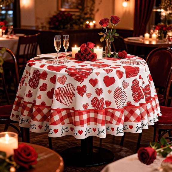 60 Inch Round Tablecloth, White with Red Hearts and Checkered Border, Multiple "Love" Prints, Cute Valentine's Day Anniversary Table Cover •