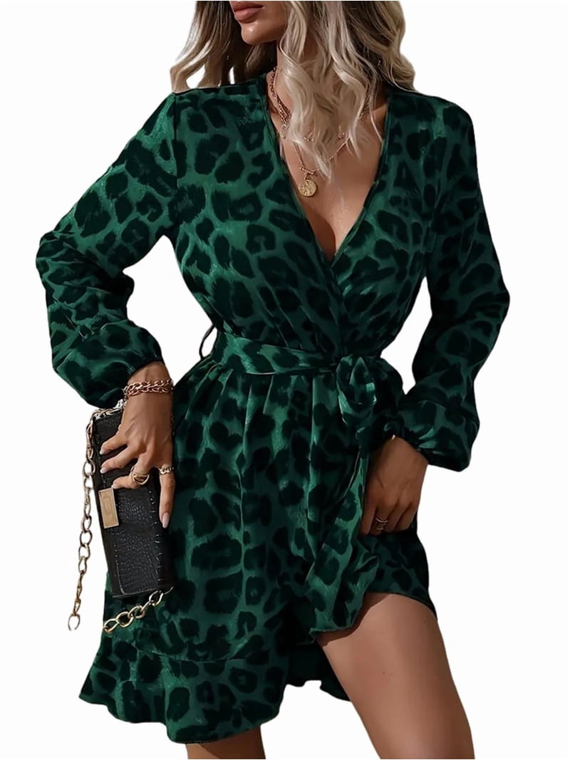 Leopard Glitter Dress Cheetah Ruffle Belted V Neck A Line Long Sleeve Elegant Casual Dress Dark Green XL - Walmart.com Leopard Glitter Dress Cheetah Ruffle Belted V Neck A Line Long Sleeve Elegant Casual Dress Dark Green XL - Walmart.com