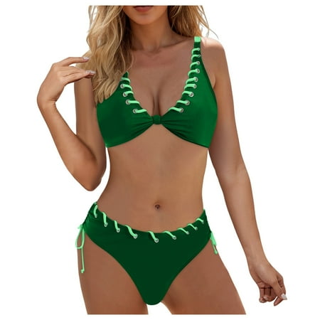 GEWSEY Women s Bikini Sets Two Piece Swimsuit V Neck Crisscross Back Low Rise Stitching Cheeky Bottom Green  XL