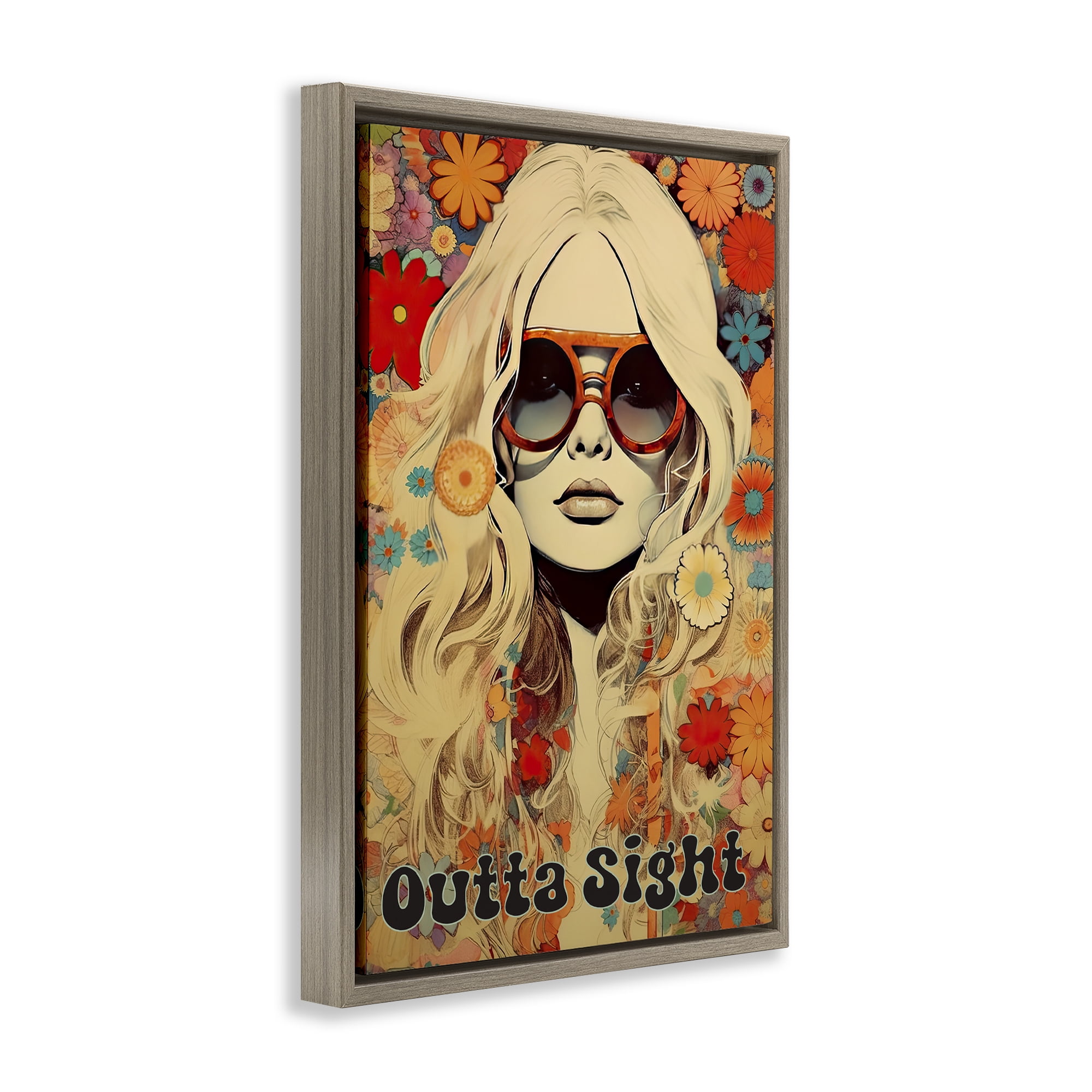 Outta Sight Hippie Girl Brown Framed Floater Canvas Wall Art, design by Sasha