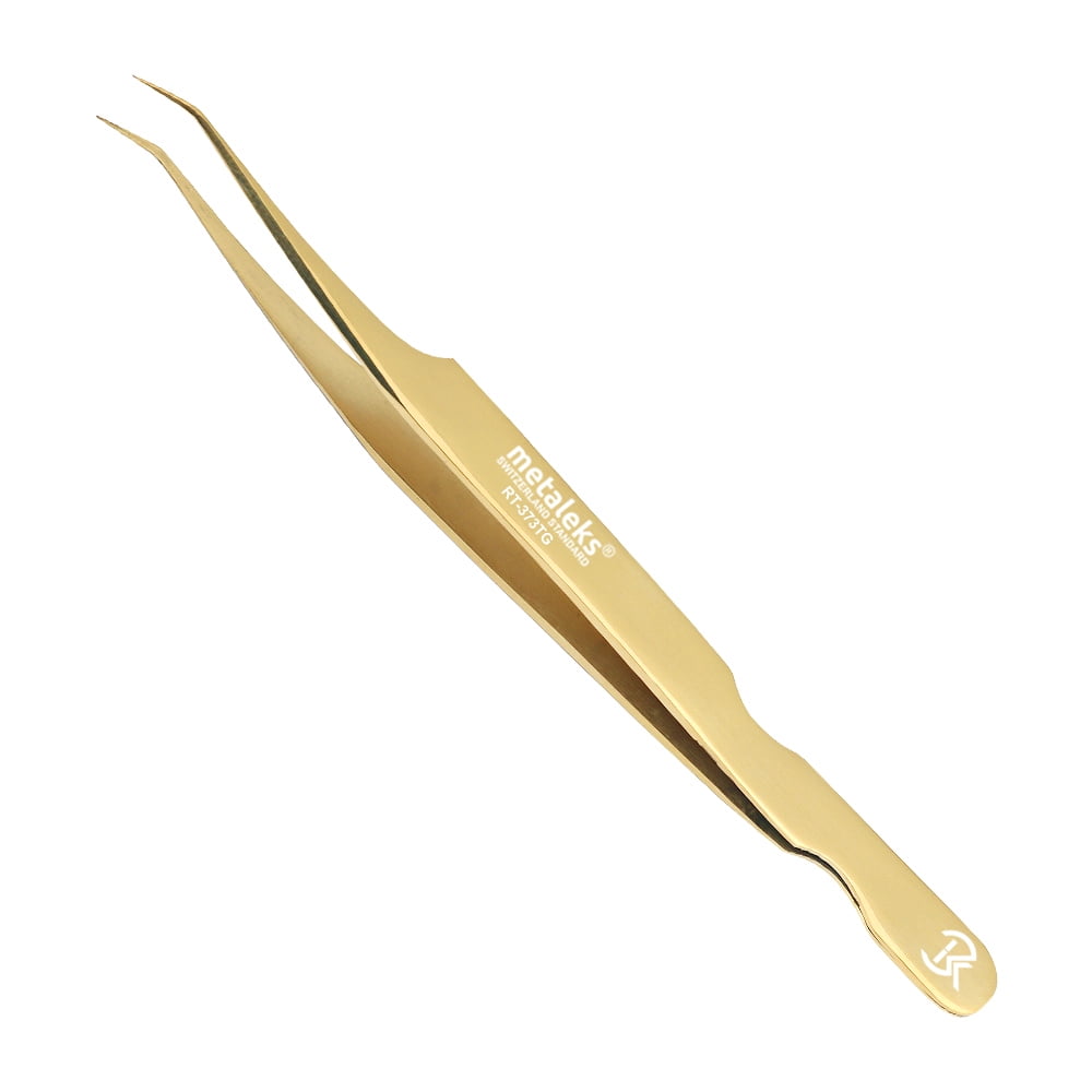 Metaleks 3Pcs Japanese Stainless Steel Tweezers for Eyelash Extension in Golden Titanium Coated with Golden Glitter Magnetic Kit