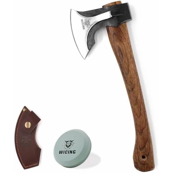 Camping Hatchet, 14.2-inch Splitting Axe with Leather Sheath, Chopping Axe 1065 High Manganese Steel and Hickory Handle$$Garden &