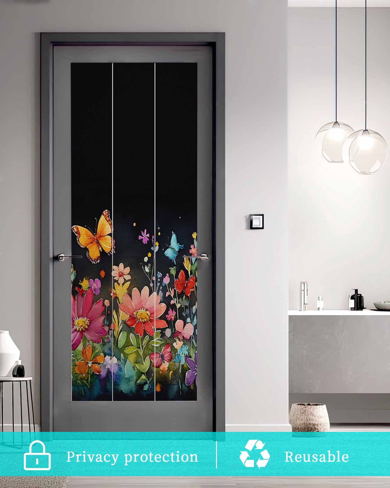 Window Privacy Film Elegant Spring Floral Stained Glass Window Film Decorative Sun Block Window Cover Pastoral Flowers Window Clings Static Adhesive Sticker for Bathroom 35.4"x78.7"