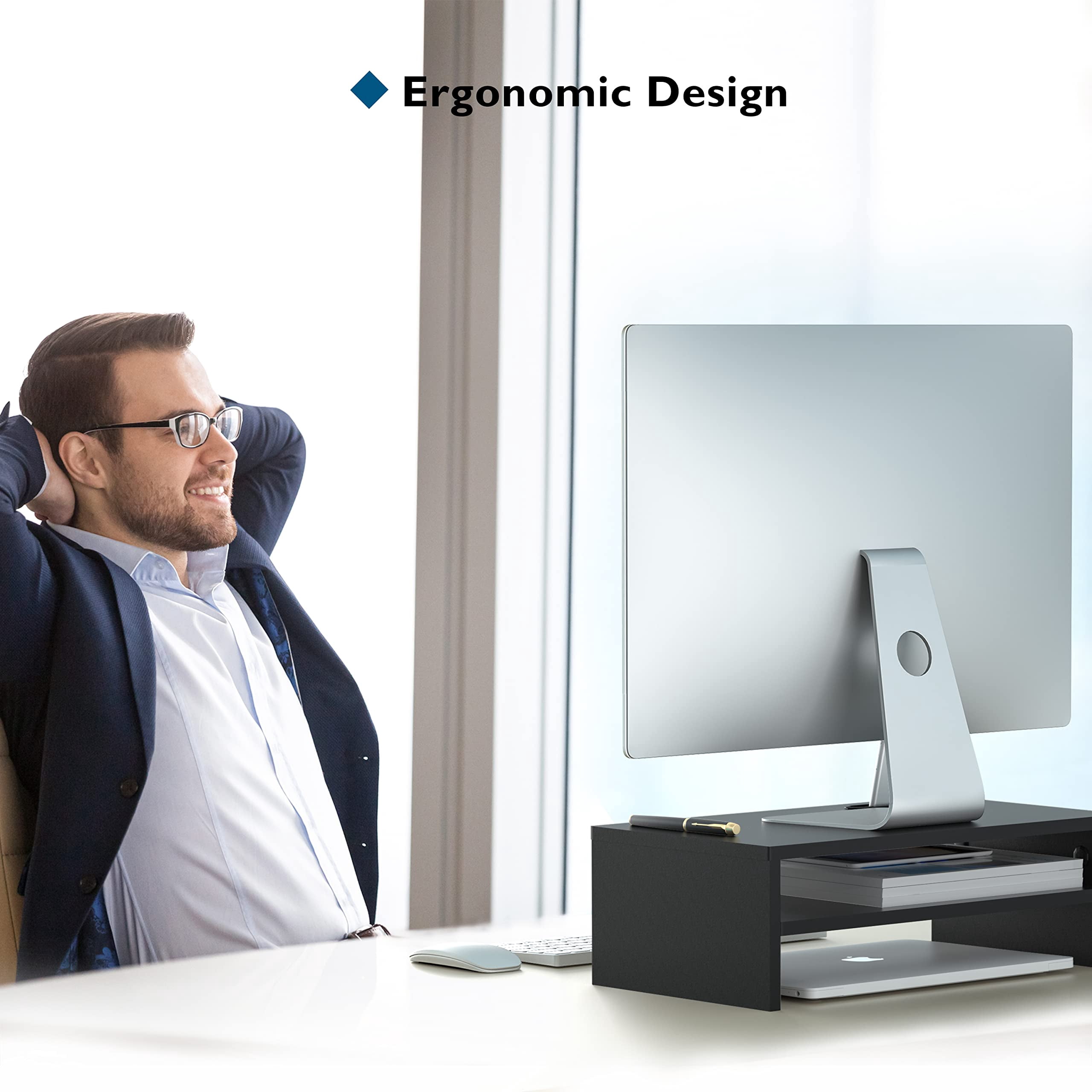 Wooden Monitor Stand Riser  2-tier Desk Shelf With Storage Organizer Computer Cable Management Cellphone Holder Black 16.5 Inch