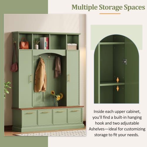 4-in-1 Farmhouse Wooden Hall Tree with Golden Hooks & Handles, Walnut Entryway Bench, Adjustable Shelves, 76.7" Tall Coat & Shoe Rack for Mudroom, Green