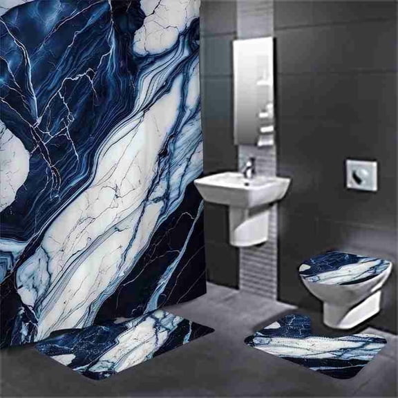 Navy Blue and White Abstract Marble 4-Piece Shower Curtain Set with Bath Mats and Toilet Lid Cover for Bathroom Decor