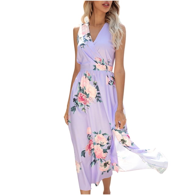 Vestido de verano con estampado bohemio para mujer, cuello en V, sin mangas, con abertura lateral, vestido de playa, vestido de sol, vestido a media pierna Fridja hjkh7039
