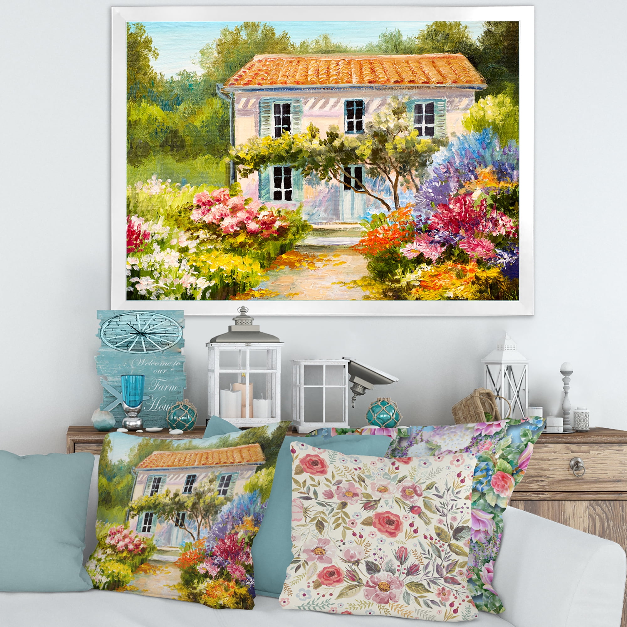 Designart 'The Mountain With Flowers With Little House II' Traditional Framed Art Print