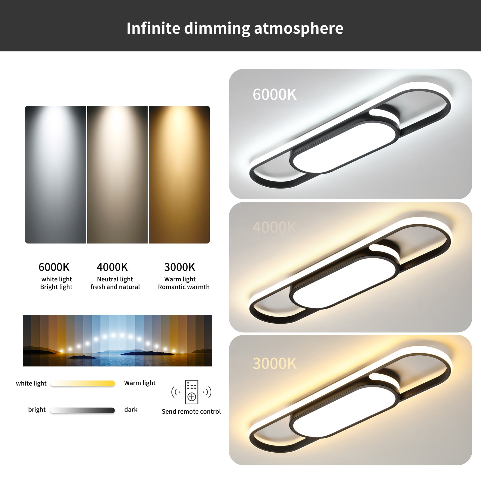 Garwarm Modern 27.5" Black Linear LED Ceiling Light, Dimmable Flush Mount Ceiling Fixture with Remote Control, 3000K-6500K Adjustable Lighting for Living Room, Kitchen, Hallway, Bedroom