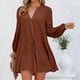 thumbnail image 3 of Tops de manga larga de Color puro para mujer, blusa informal holgada a la moda con cuello en V y cierre de botones para trabajo de oficina, café XXL, 3 of 6