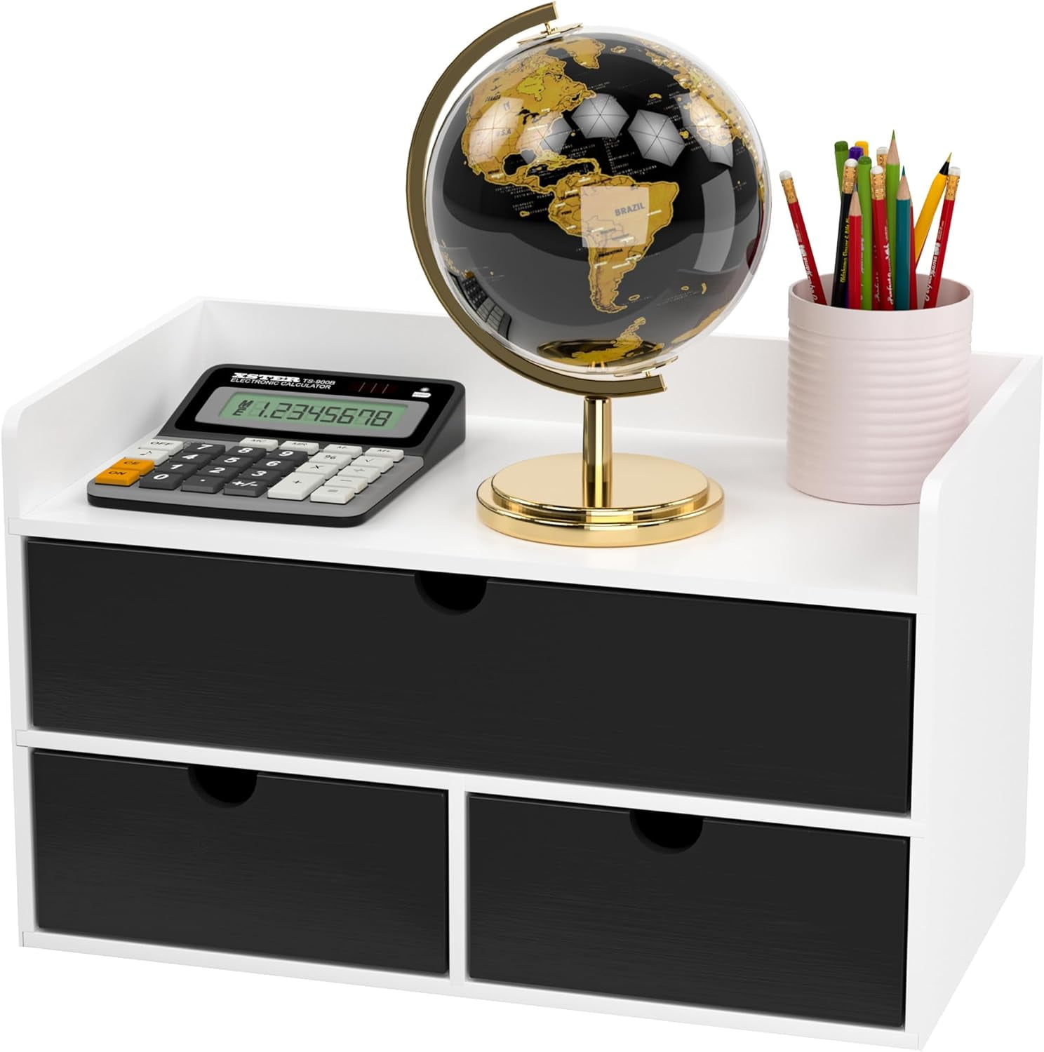 Bamboo Desk Organizer with Drawers - White Black Wood Desktop Storage for Office Supplies, Bills, Cosmetics, No Assembly Required