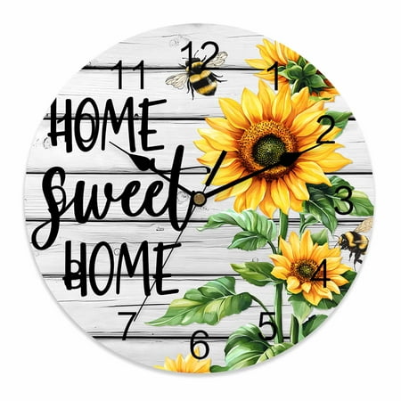 Silent Wall Clocks Battery Operated, Vintage Floral Sunflower Round Decorative Wall Clock for Living Room Bedroom Kitchen Bathroom Classroom Decor, 12 Inch Home Sweet Home Rustic Farm Wood