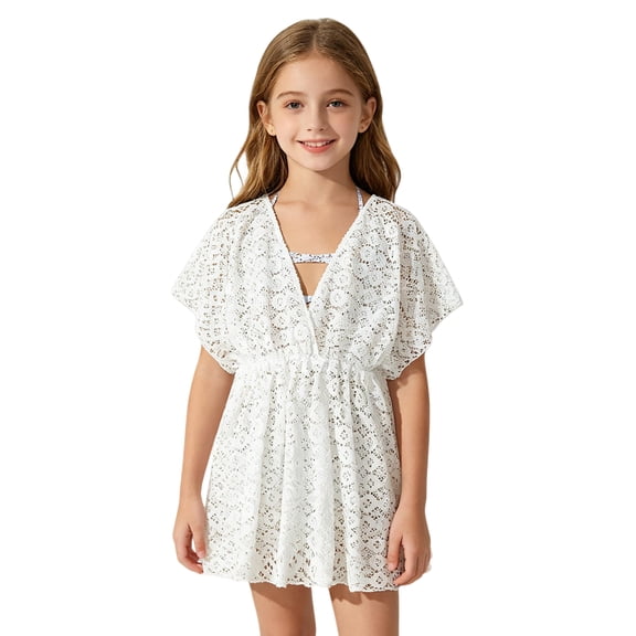 WELOIJEVBE Girl's Crochet Beach Cover up Kimono White Summer Dress Cut Out Bathing Suits Beachwear Coverups 10-11 Years