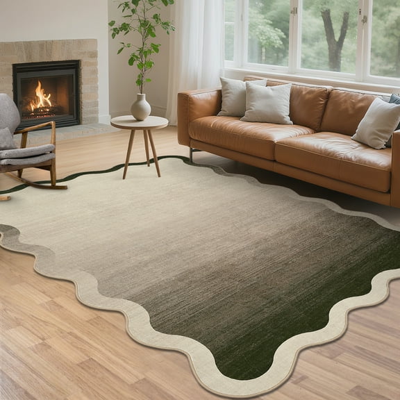 Garvee 5'x7' Scalloped Area Rugs Modern Abstract Washable Rug, Neutral Farmhouse Carpet Non-Slip Low Pile Indoor Rug for Living Room Bedroom Home Office, Camel
