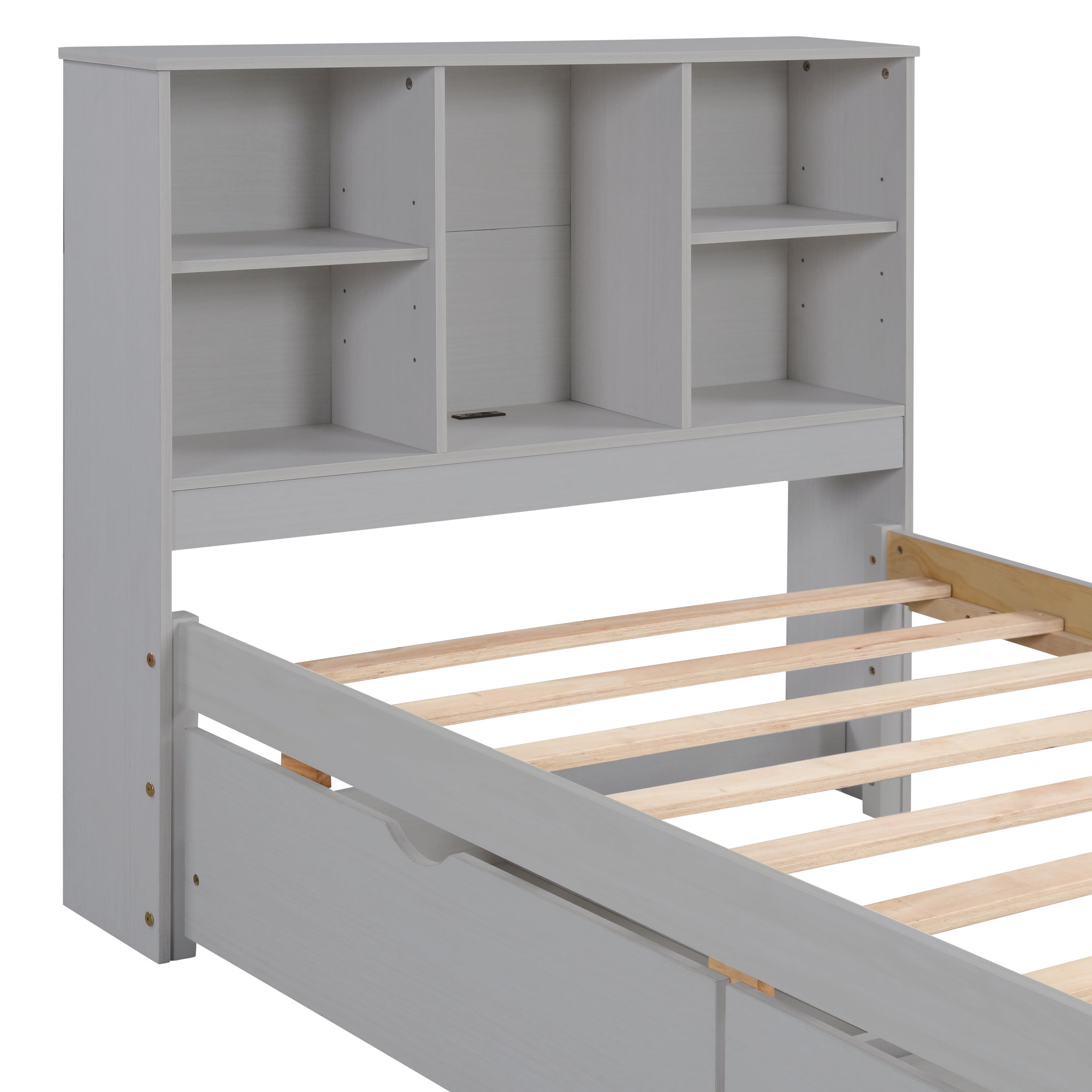 Miniyam Twin Size Bed with Built-in USB Port, Bookcase, Drawers for Kids and Teens, Gray