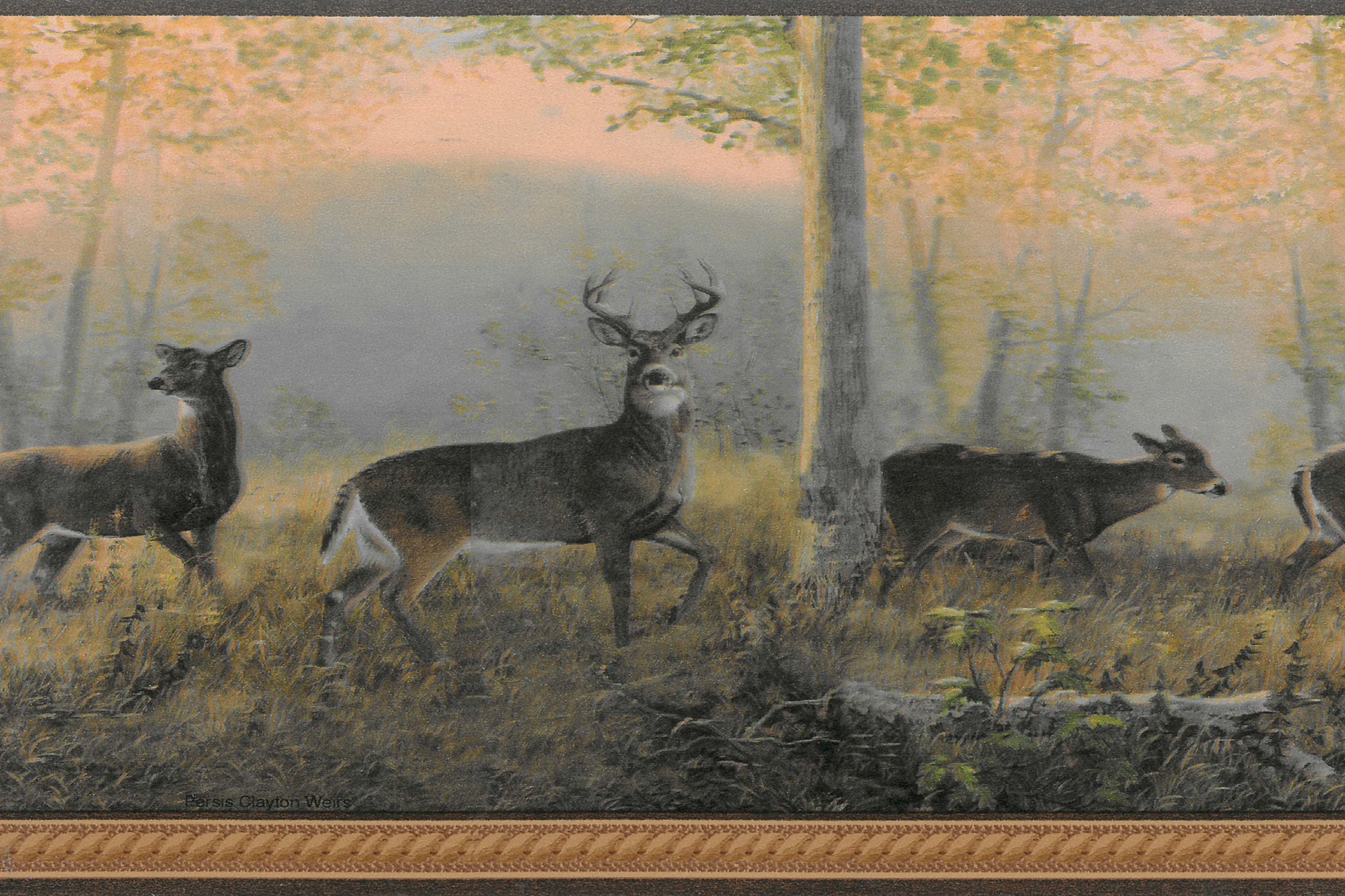 Prepasted Wallpaper Border - Animal Brown, Green, Yellow Deer in Forest ...