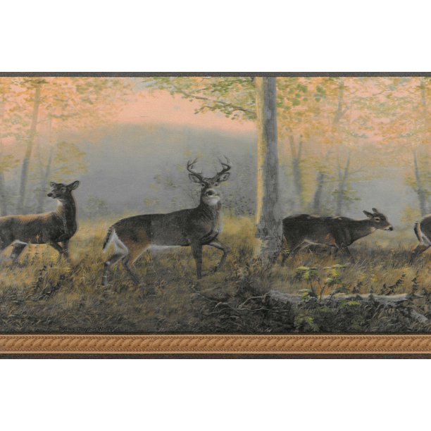 Prepasted Wallpaper Border - Animal Brown, Green, Yellow Deer in Forest