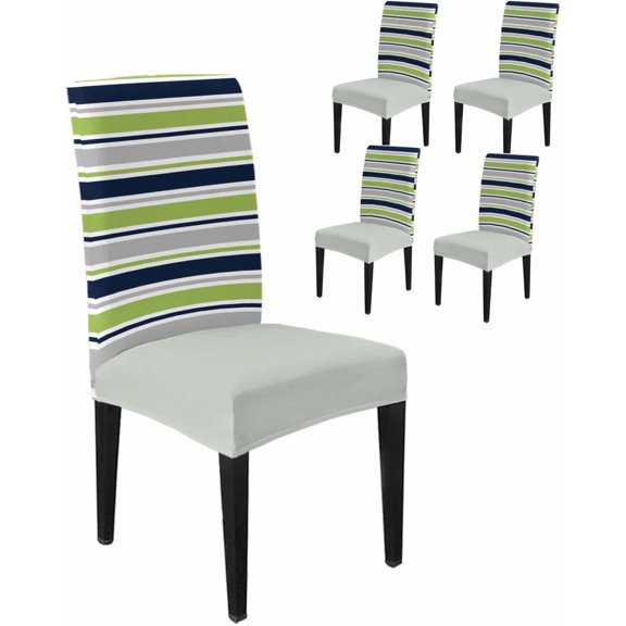 Dining Room Chair Covers Set of 4, Minimalist Geometric Stripe Stretch Kitchen Chair Cover, Modern Green Gray Navy Blue Line Removable Washable Chair Slipcovers for Hotel,Home,Party,Banquet