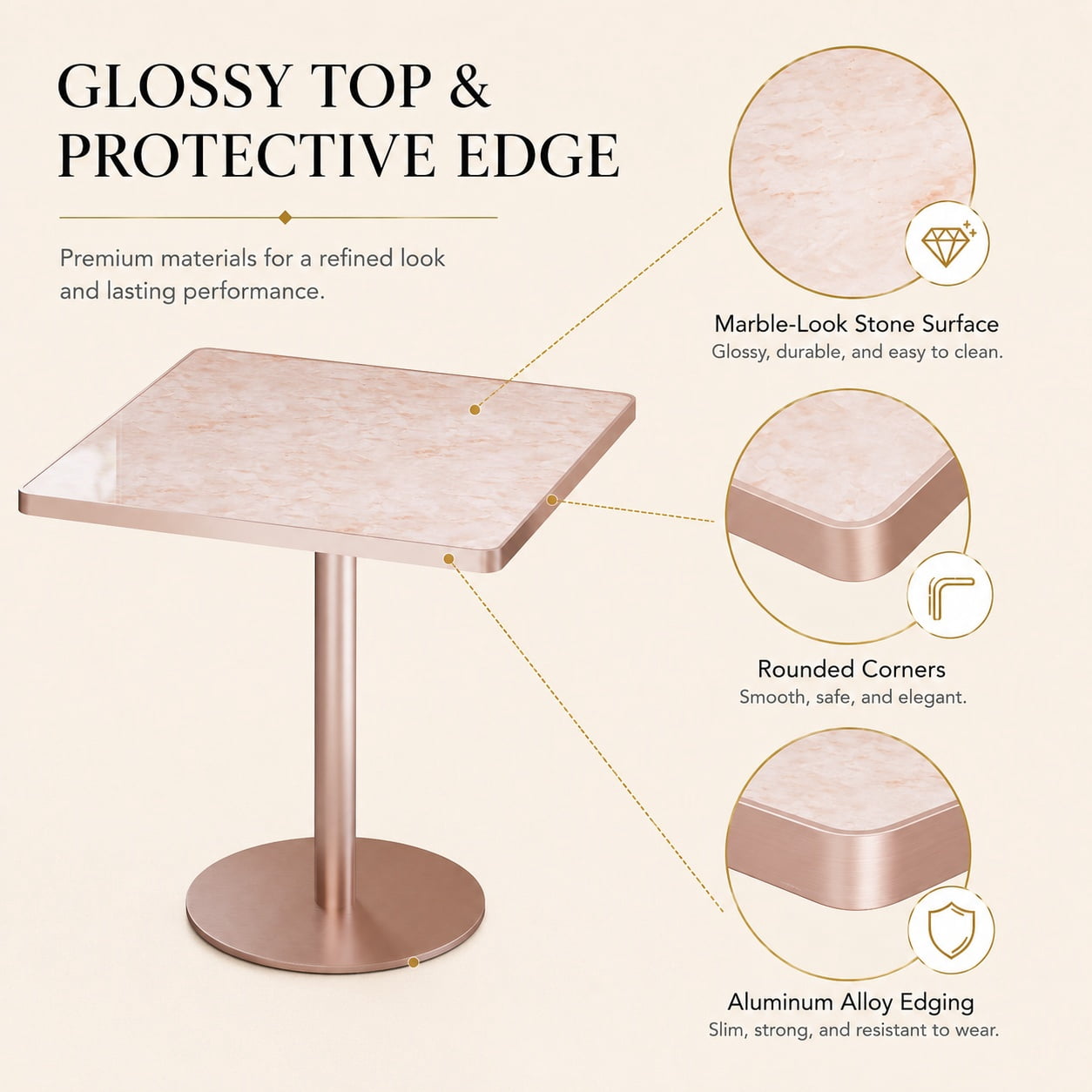 Aukfa 31.5" Square Dining Table for 2-4, Marble-Look Sintered Stone Top, Rose Gold Pedestal Base, Small Spaces,Blush Pink