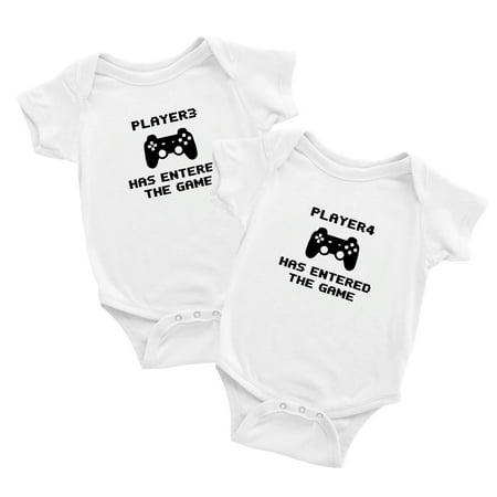 

Player 3 Player 4 Has Entered The Game Funny Newborn Twins Baby Rompers Clothes (White 18-24M)