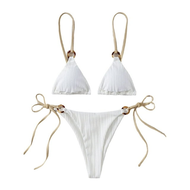 2 Pcs/Set Summer Bikini Set Solid Color Spaghetti Strap Hoop Classic Women Swimsuit for Water Sports