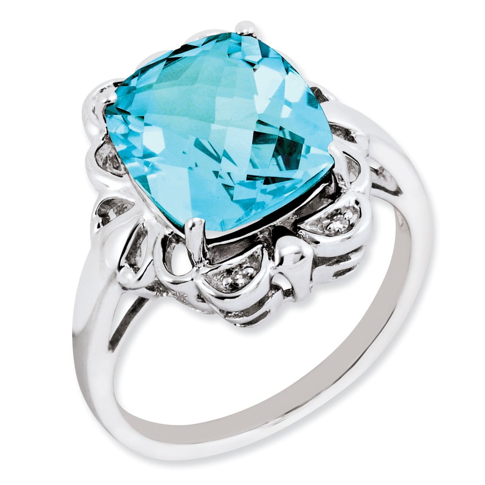 925 Sterling Silver Checkerdboard Prong Cushion Blue Topaz & Diamond Ring by gemaffair
