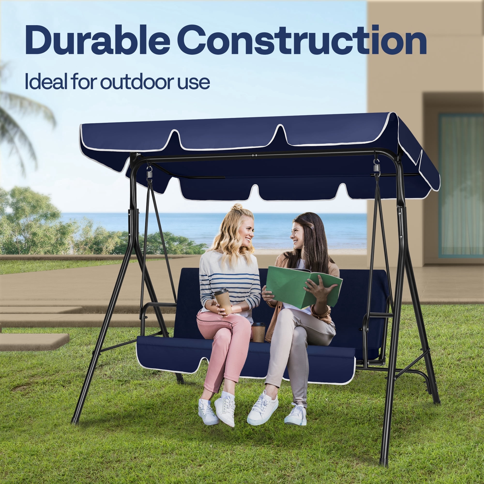 SPECSTAR 3 Seats Patio Porch Swing Chair, Converting Canopy,Removable Cushion,Cushioned Steel Frame Porch Canopy Swing Chair for Patio Garden,Blue