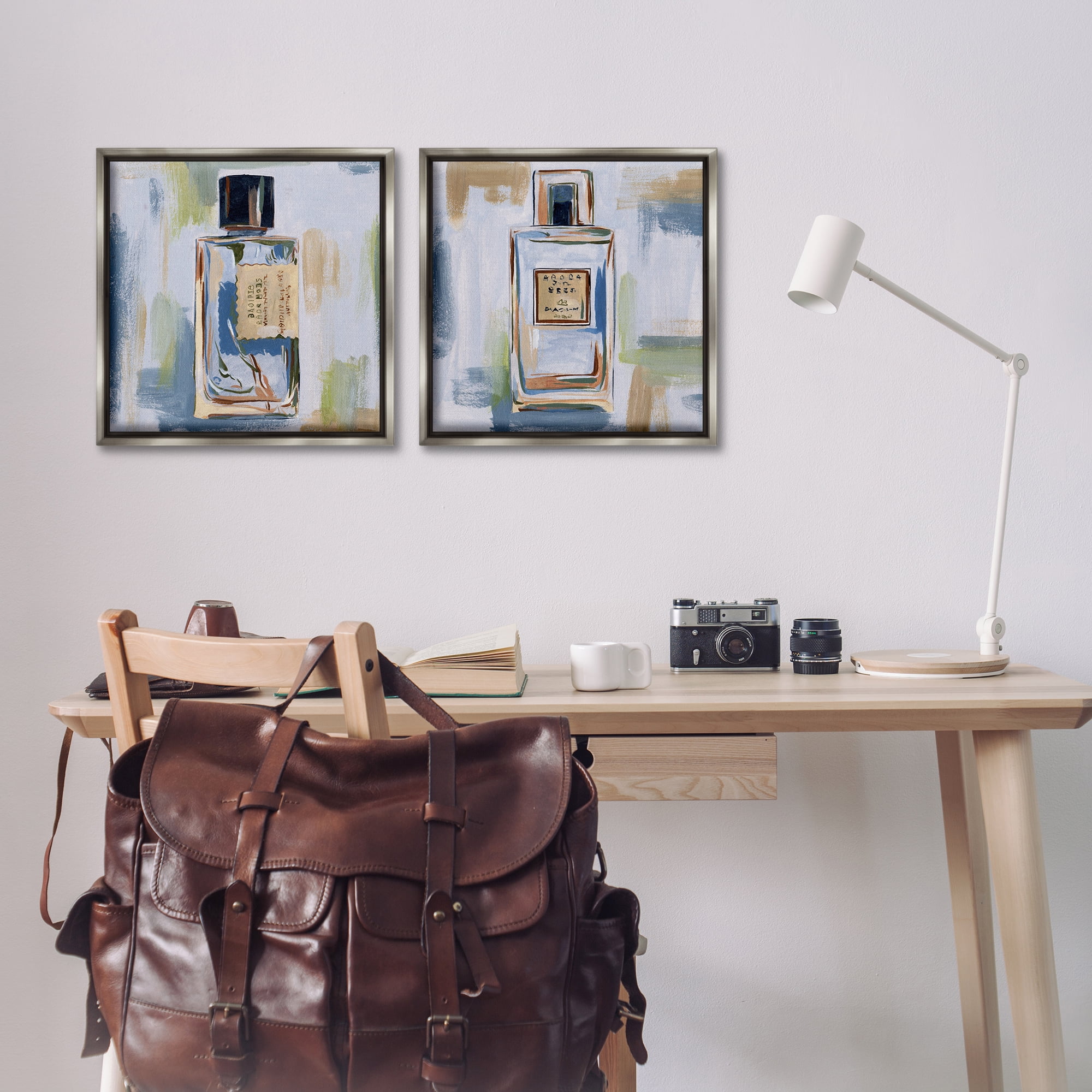 Stupell Industries Abstract Cologne Perfume Bottle Fashion Painting Gray Floater Framed Canvas Art Print Wall Art, 18 x 18, Set of 2